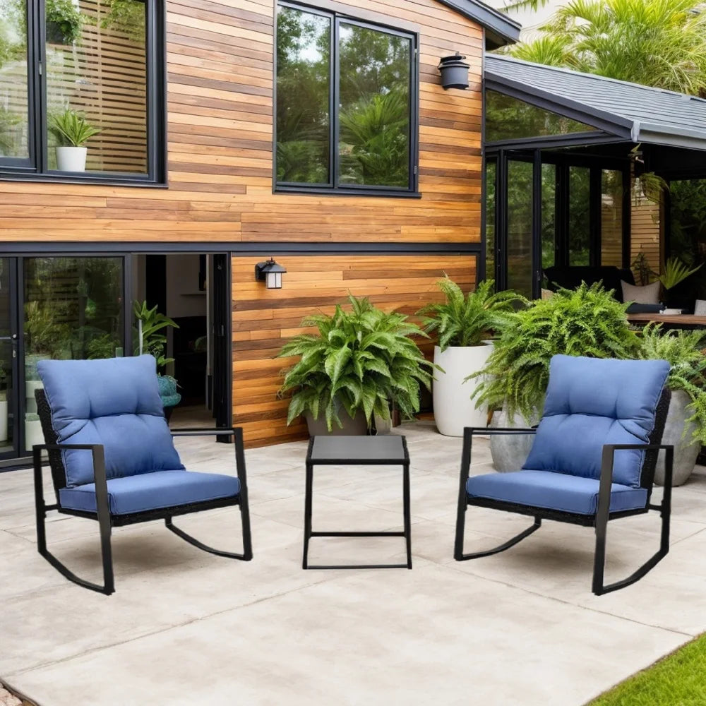 “3-Piece Patio Bistro Set – Outdoor Rocking Chairs with Blue Cushions & Glass-Top Table for Garden, Yard & Poolside”