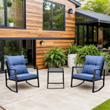“3-Piece Patio Bistro Set – Outdoor Rocking Chairs with Blue Cushions & Glass-Top Table for Garden, Yard & Poolside”