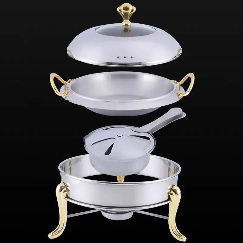 Round Stainless Steel Cooking Buffet Warmer Tray with Lid & Fuel Holder – 6 L / Professional Serving Set