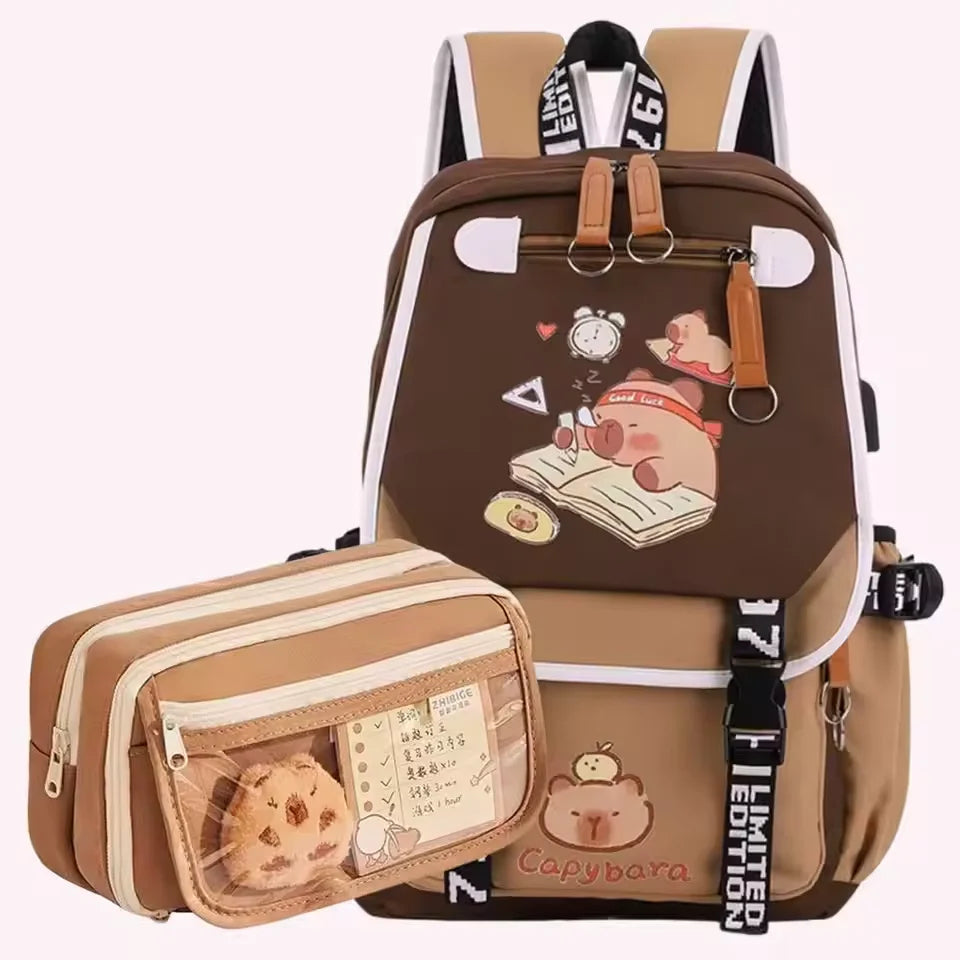 Kawaii Capybara Backpack — Large-Capacity Aesthetic College & School Bookbag for Women & Students