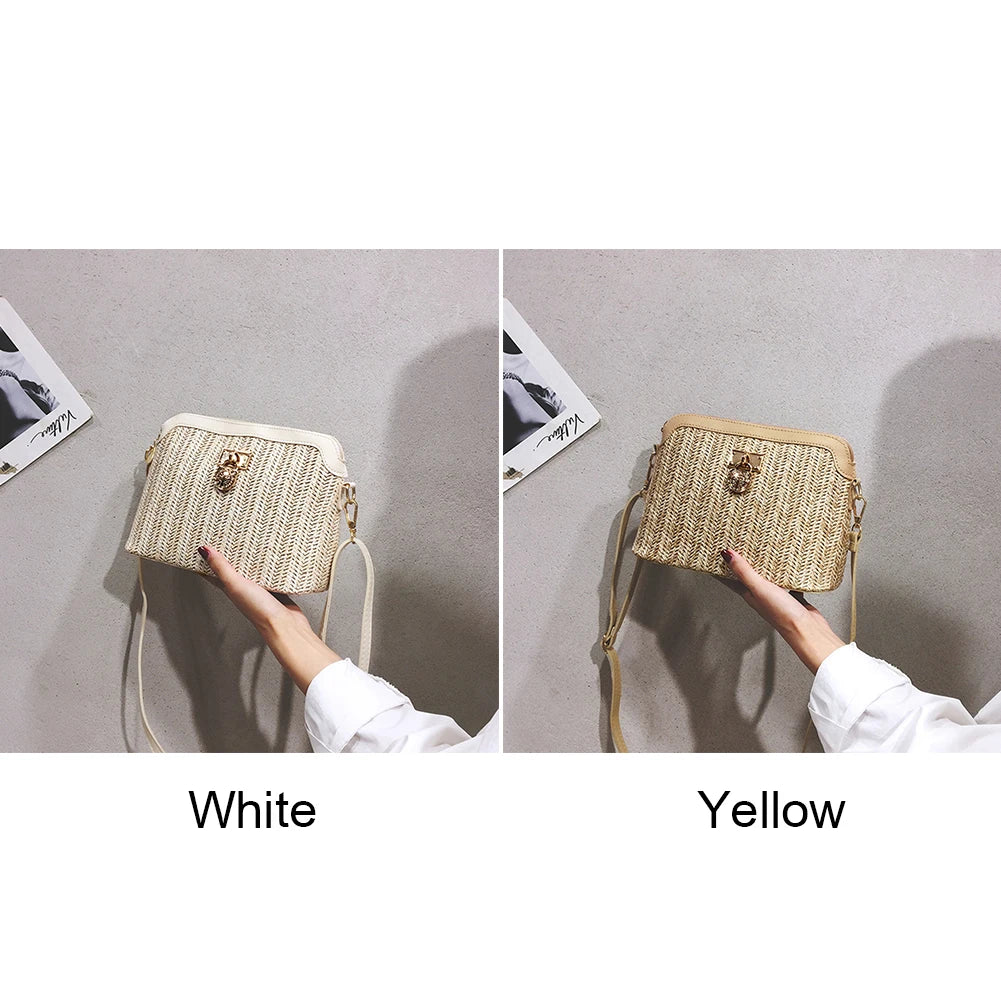Summer Beach Straw Shell Shoulder Bag – Women’s Woven Messenger Purse for Travel, Vacation & Casual Outings