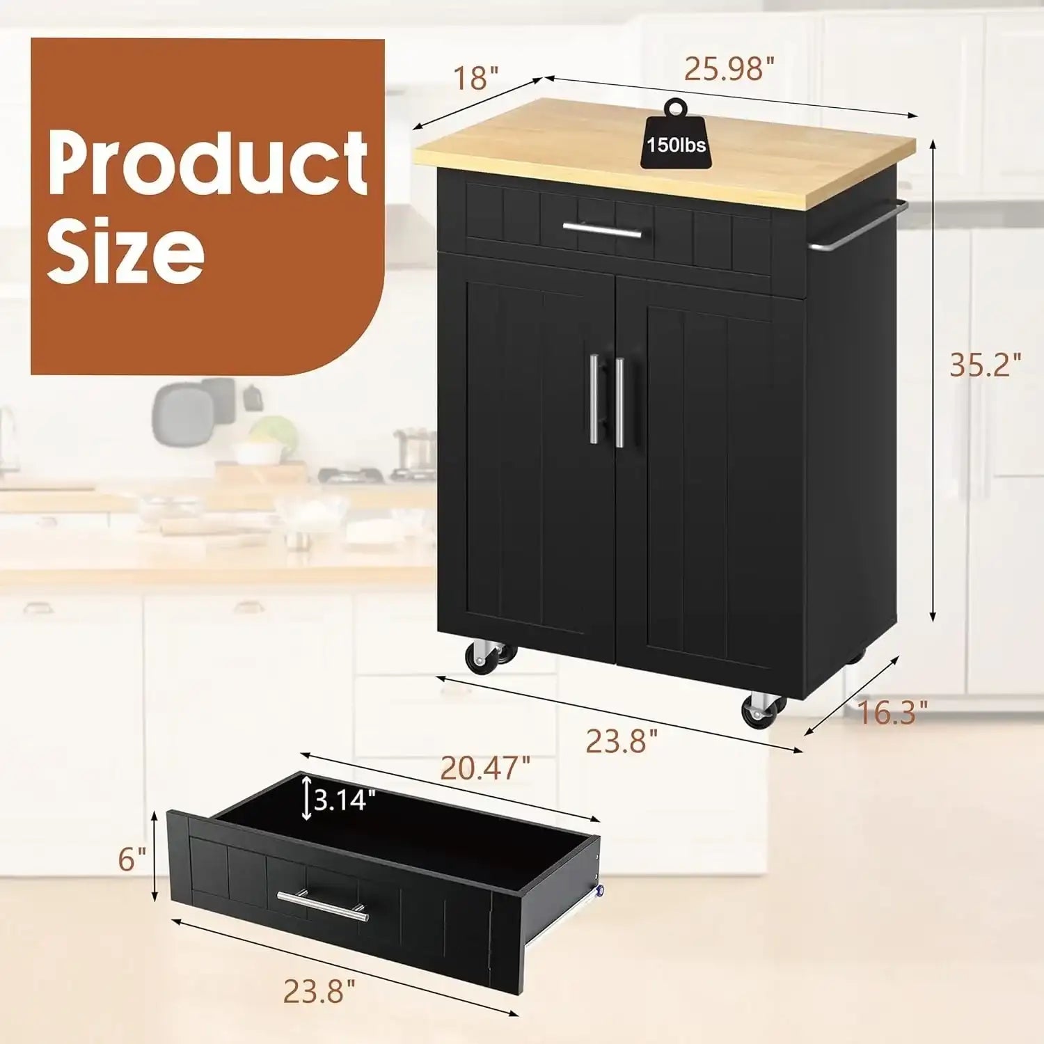 Rolling Kitchen Island on Wheels with Storage Cabinet & Drawer – 26″ Width Kitchen Cart with Handle & Towel Rack