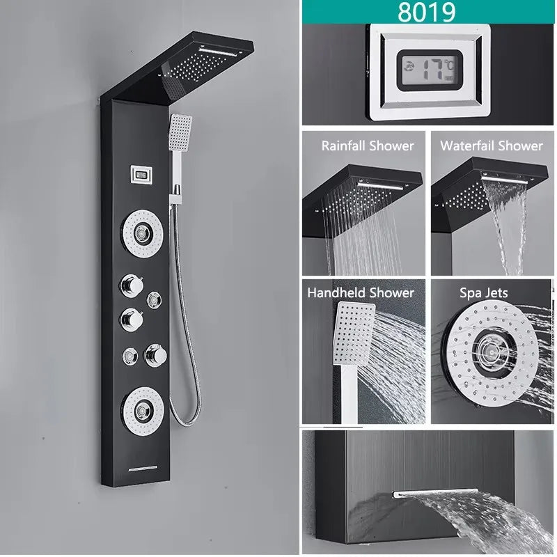 LED Light Rainfall Shower Panel System – Thermostatic Mixer Tap with Massage Jets & Digital Temperature Screen