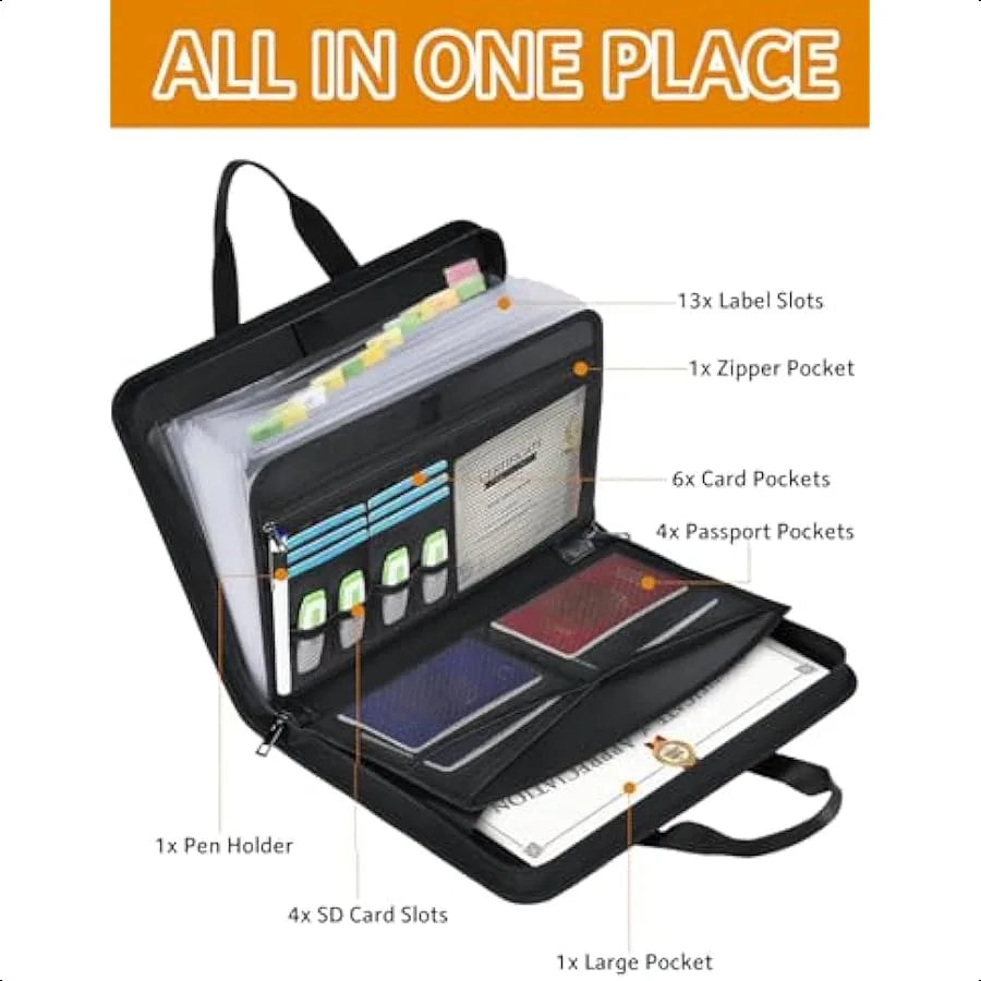 Fireproof Accordion Document Organizer – Expanding File Folder Storage Box with Zipper & Labels (13 Pockets)