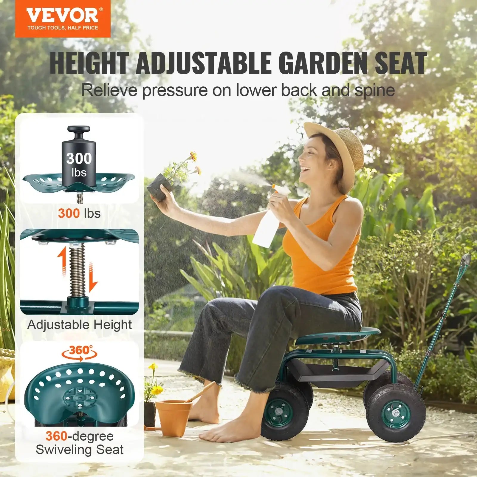 VEVOR Garden Cart Rolling Work-Seat with Wheels – 360° Swivel Gardening Scooter & Tool Wagon