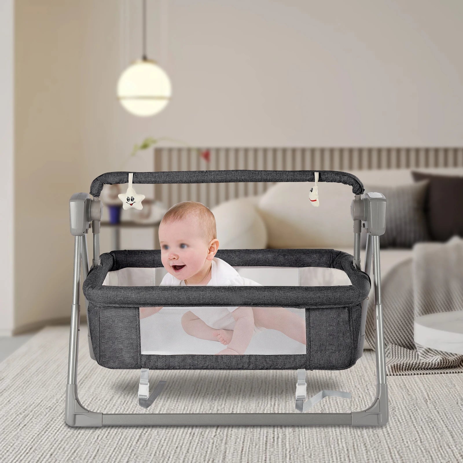 Elele Nova 3‑in‑1 Electric Cradle & Baby Swing Bed – Gray/Khaki Auto-Rocking Recliner Crib with Music, Remote & Soft Mattress