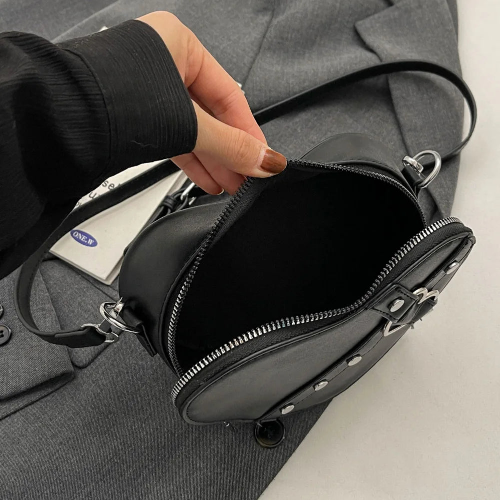 Heart Rivet PU Leather Satchel Bag – Small Heart Rivet Design, Adjustable Strap, Solid Colour Women’s Dating Bag