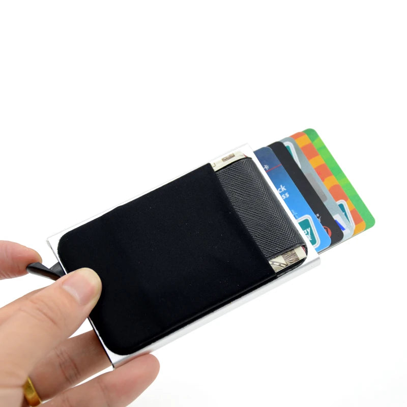 Slim Aluminum RFID Wallet – Automatic Pop-Up Credit Card Holder with Elastic Back Pouch 💳⚡