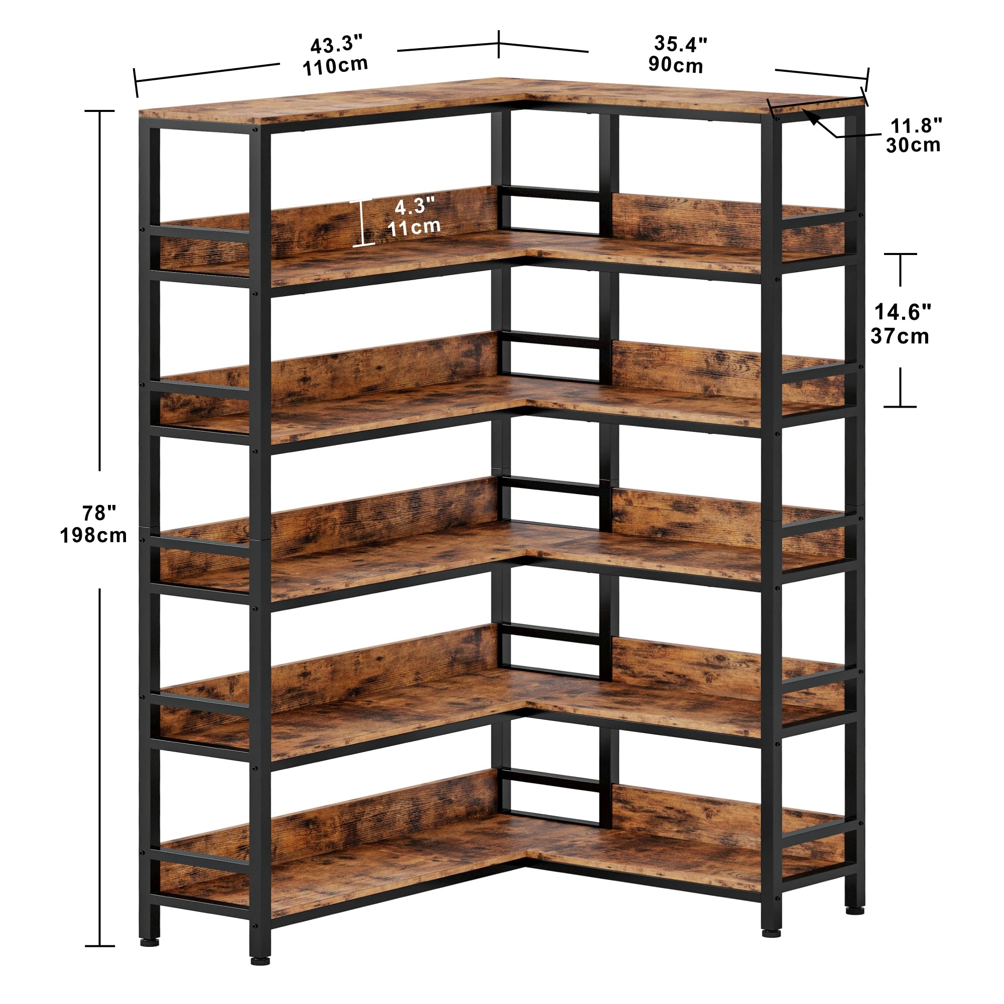 IRONCK Industrial 6-Tier Corner Bookshelf – Metal Frame Bookcases with Baffles & Storage Rack for Living Room
