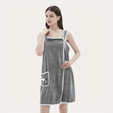 Wearable Coral Velvet Bath Towel – Soft Quick-Dry Bath Dress with Pockets & Bow Design | Absorbent Spa Robe for Women