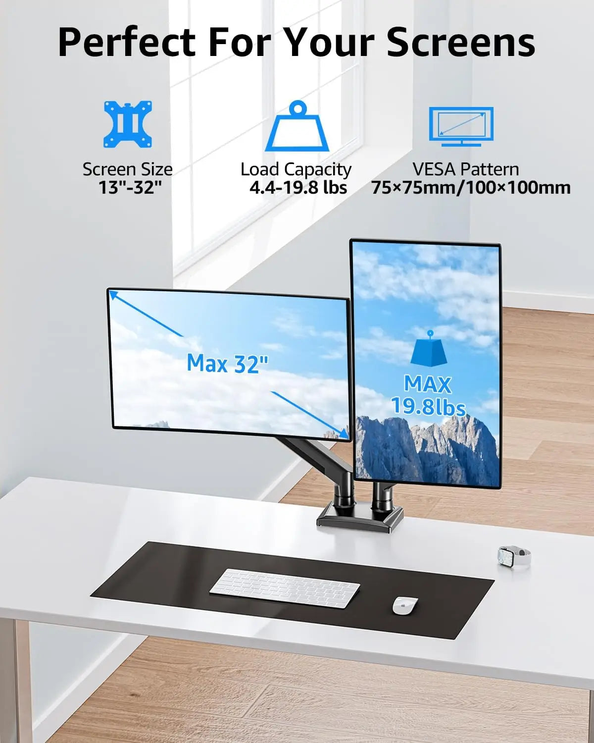 Dual Monitor Stand with Adjustable Arms – Fits 13″–32″ Computer Screens (4.4–19.8 lbs) Height Adjustable Desk Mount
