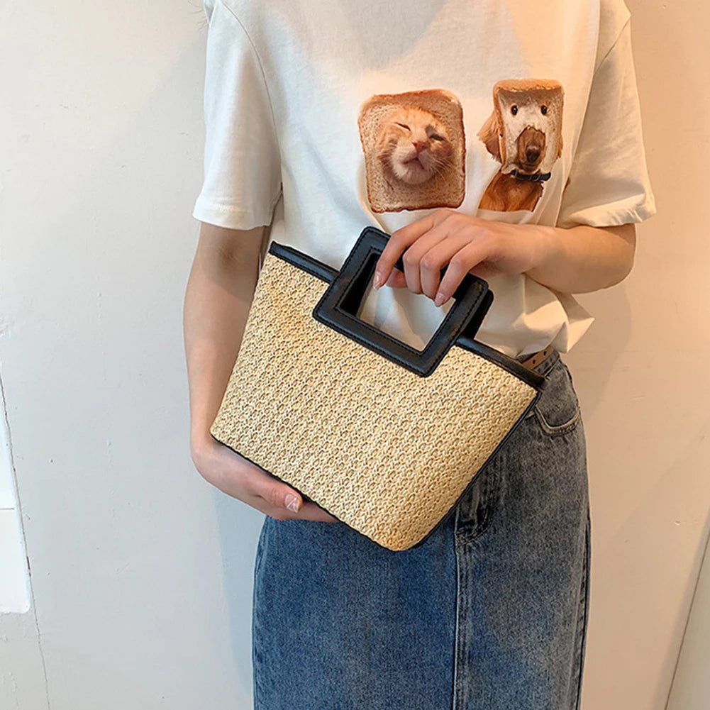 Women’s casual straw travel handbag – large-capacity color-clash woven tote bag, versatile summer leisure purse for beach, shopping & daily use
