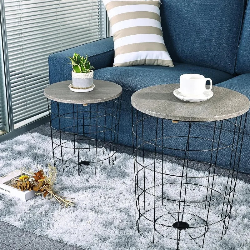 Set of 2 Wire Basket End Tables with Wood Tops – Modern Gray Side Tables for Living Room, Bedroom & Office
