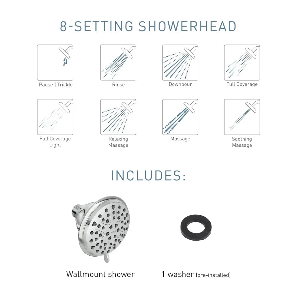 Premium 8-Spray Wall-Mount Fixed Shower Head — WaterSense® Certified, High-Pressure Chrome Finish