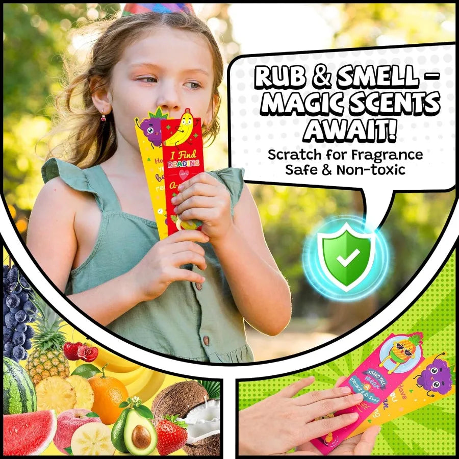 70-Piece Scented Scratch & Sniff Bookmarks – Cute Fruit Theme Assorted Educational Markers