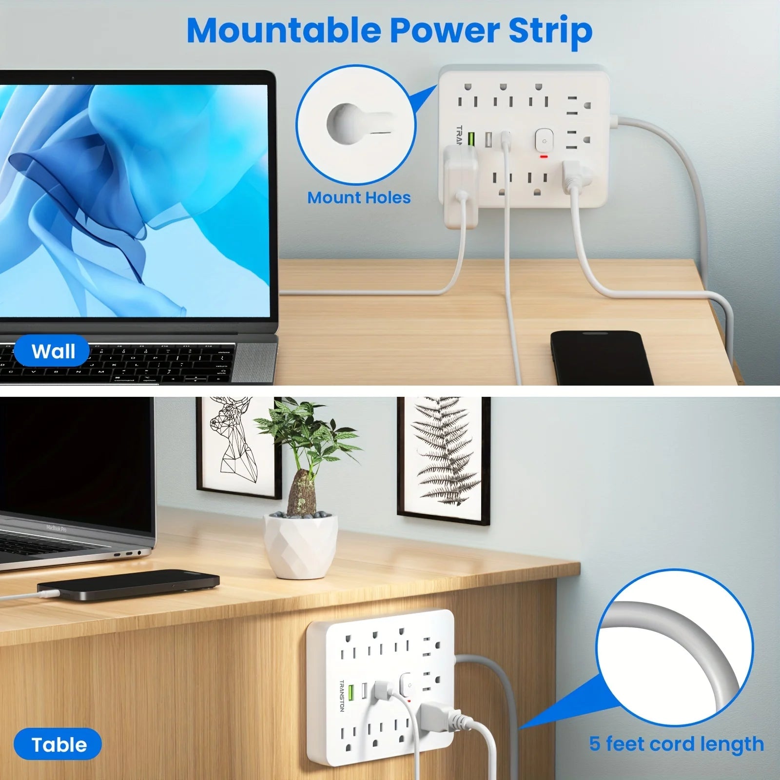 Power Outlet with Surge Protector – 9 AC Sockets + 3 USB Ports, 5FT Extension Cord, Quick Charge Power Strip for Home & Office (White)