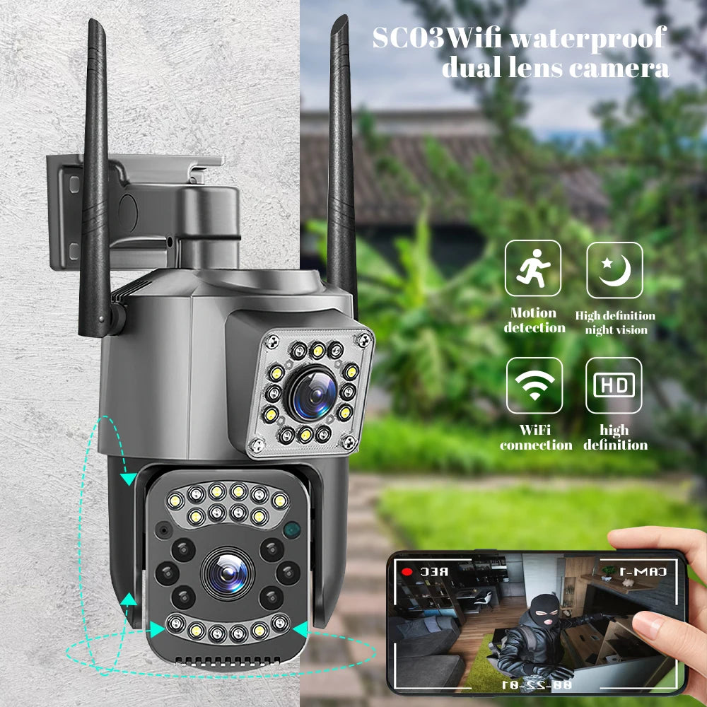 WiFi Waterproof Dual-Lens 4MP PTZ Security Camera – AI Human Detection, Color Night Vision & Dual-Screen Surveillance System (Outdoor)