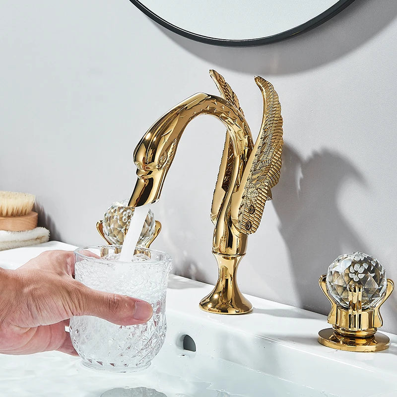 Gold Swan Deck-Mounted Basin Mixer Faucet – Dual Crystal Handle Hot & Cold Tap
