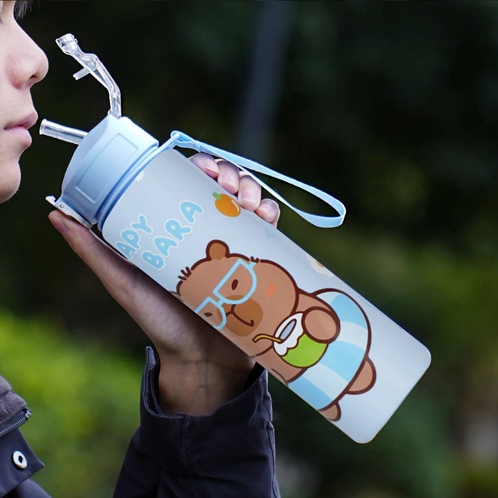 Capybara Cartoon Straw Water Bottle – Cute Portable Mug with Carrying Strap (700–800 ml)