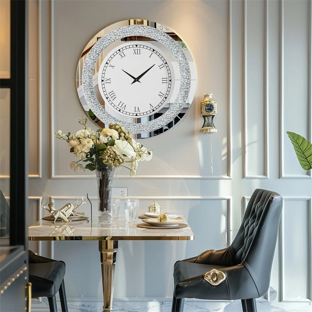 Luvodi Crystal Mirror Wall Clock – Sparkle Bling Diamond Round Wall Clock with Silver & Tawny Crushed Crystal Detailing