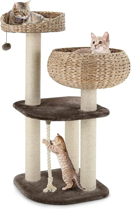 Tangkula Modern Cat Tree – Small Tall Indoor Cat Tower with Sisal Scratching Post & Handmade Wicker Cat Condo for Stylish Homes