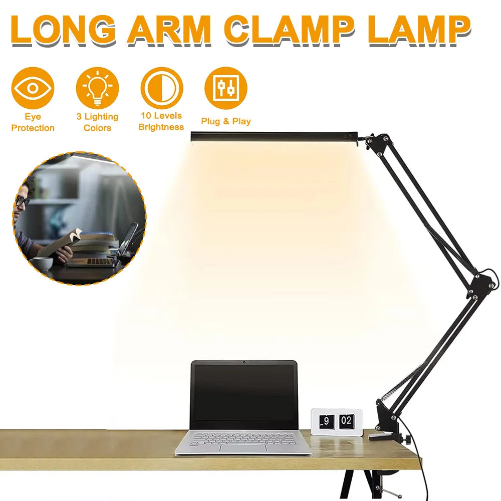 💡 LED Desk Lamp with Clamp – 10W Swing Arm Dimmable Light with 10 Brightness Levels & 3 Lighting Modes, Eye-Caring