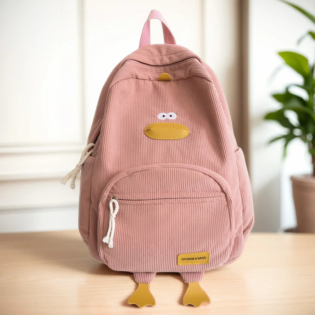 Corduroy Cartoon Duck Backpack for Kids – Large Capacity Cute School & Laptop Bag with Adjustable Straps