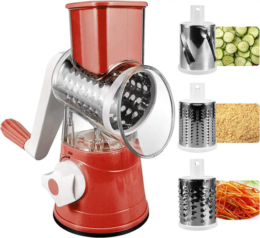 3‑in‑1 Rotary Cheese Grater & Vegetable Slicer – Manual Drum Shredder with Three Blades for Cheese, Veggies & Nuts