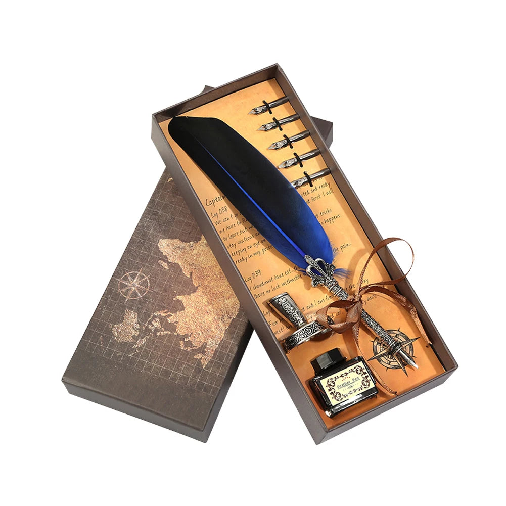 ✒️ Retro Vintage Calligraphy Feather Dip Pen Set – Quill Fountain Pen with Ink for Writing, Crafts & Gifts
