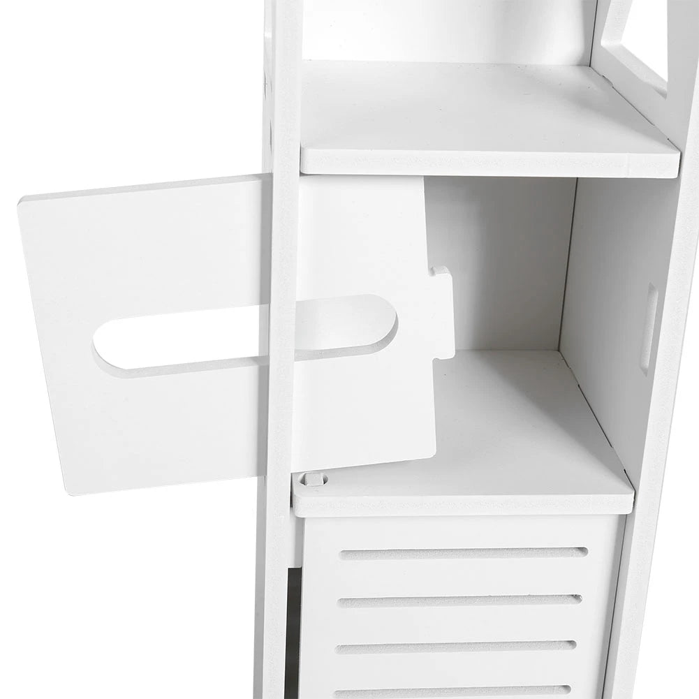 White Wood Bathroom Cabinet 80×15.5×15 cm – Slim Wall or Floor Cupboard with Shelf & Tissue Storage