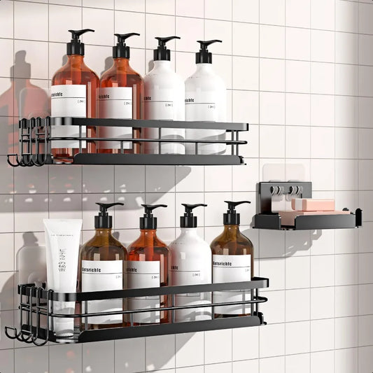 Large Rust-Proof Stainless Steel Shower Caddy – Adhesive Wall Mounted Shelf with Soap Holder & 4 Hooks