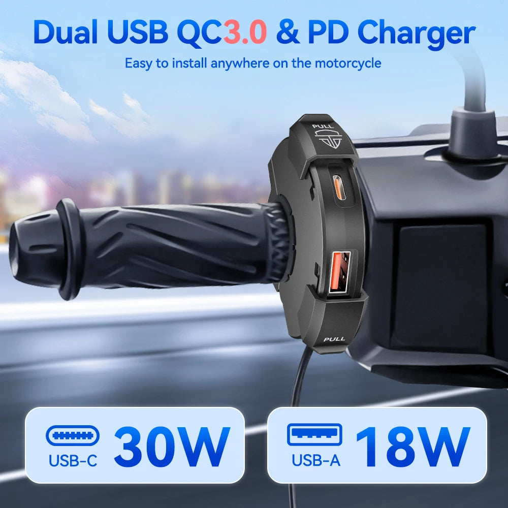 QC3.0 Motorcycle USB Charger 30W – Waterproof Fast Charger with Handlebar Mount for Bike, Smartphone & Digital Camera