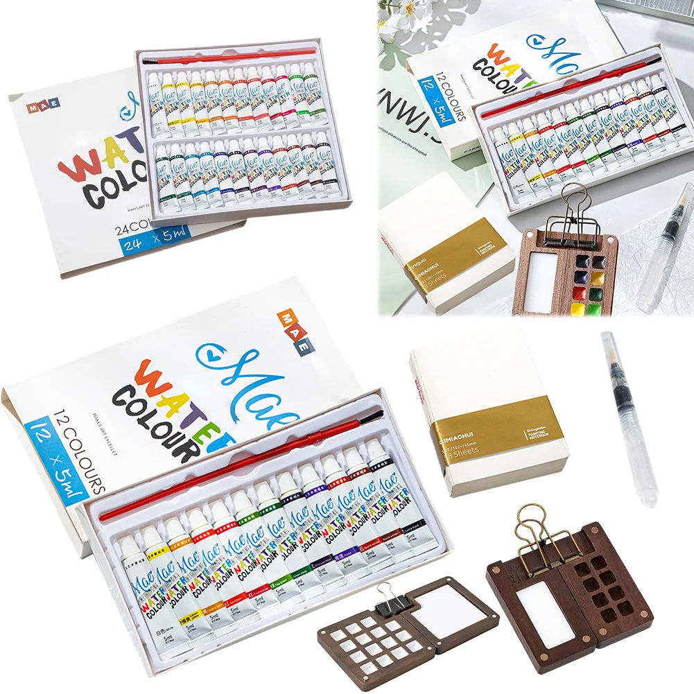 Mini Portable Watercolor Palette Set – Wooden Grid Paint Box with Multi-Colors for Artists, Students & Beginners