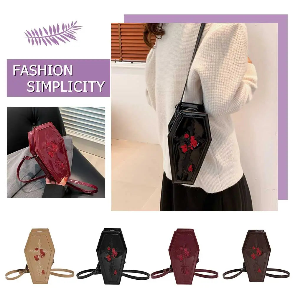 Women’s Coffin Satchel Cartoon Gothic Crossbody Bag – Rose Print Y2K Cellphone Pouch