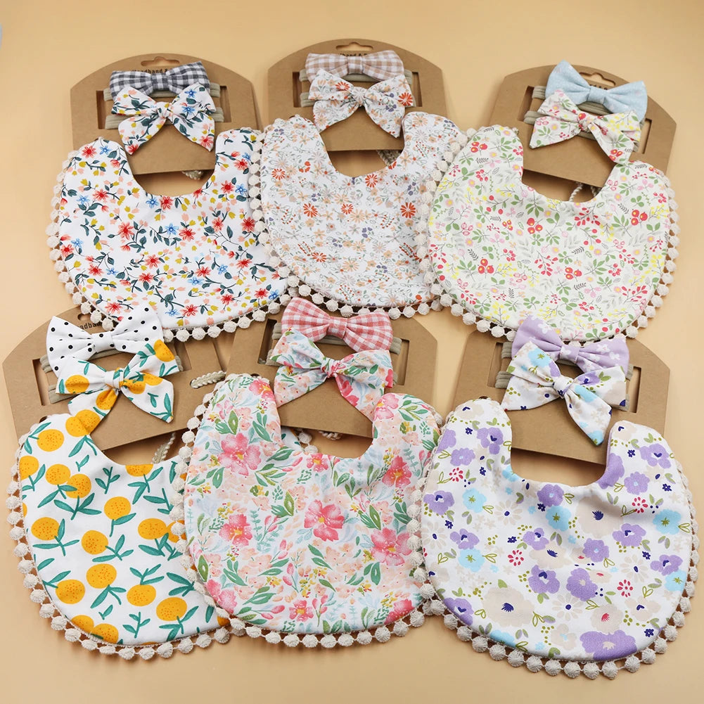 3-Piece Flower Print Baby Bib & Headband Set – Soft Cotton Linen Feeding Bandana Bibs | Double-Layer Saliva Towels for Boys & Girls