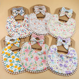 3-Piece Flower Print Baby Bib & Headband Set – Soft Cotton Linen Feeding Bandana Bibs | Double-Layer Saliva Towels for Boys & Girls