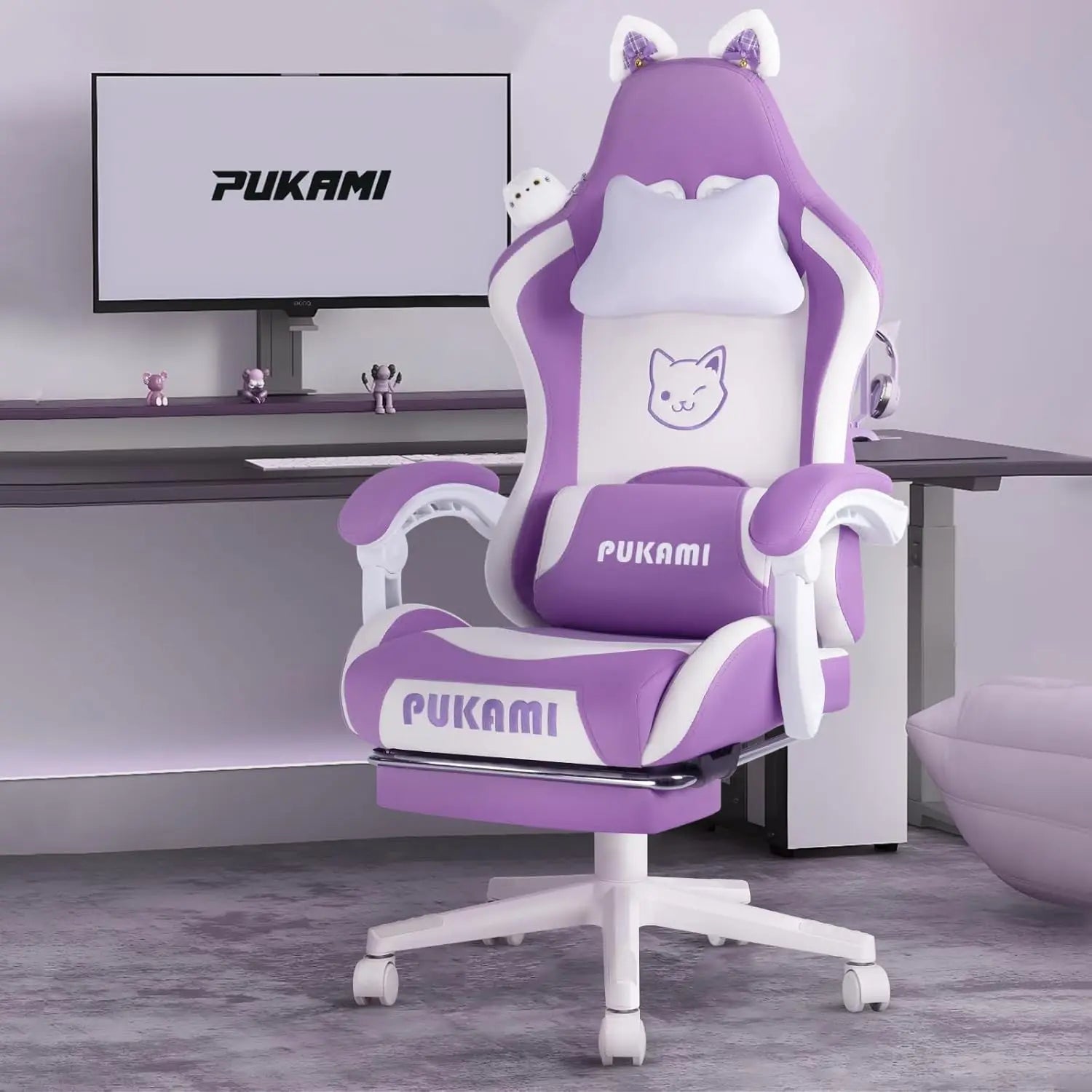 Cute Gaming Chair with Cat Ears – Ergonomic Computer Chair with Cat Paw Lumbar Cushion, Footrest & Headrest for Girls & Teens