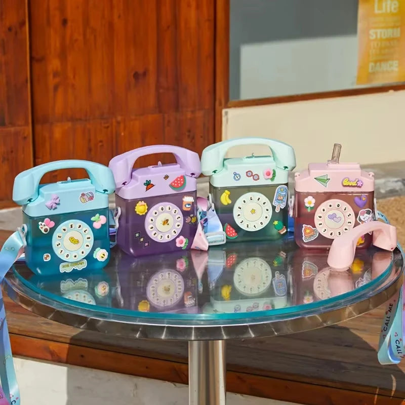 400 ml Telephone-Shape Kawaii Straw Bottle – Girls Portable Water Bottle with Sticker Strap & Cover