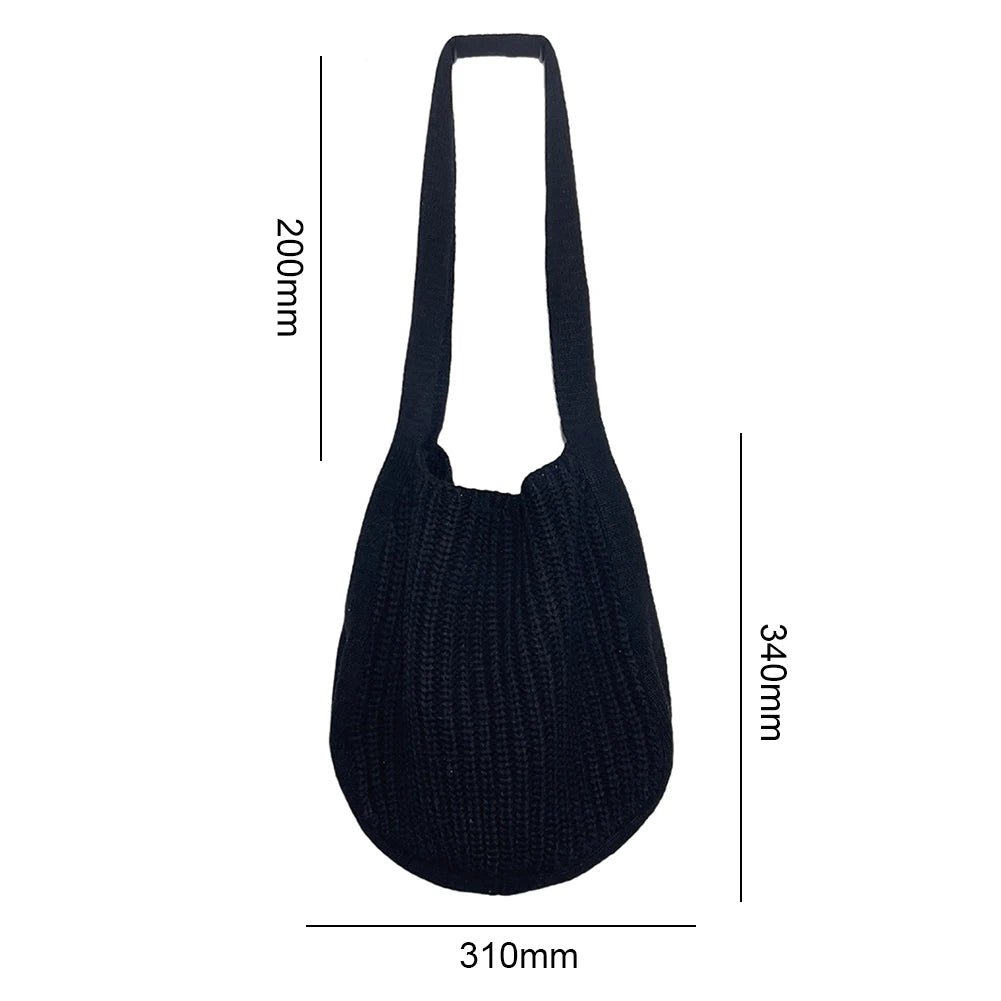Wool-Knitted Shoulder Shopping Bag for Women – Vintage Cotton Cloth Tote, Large Crochet-Style Shopper Handbag