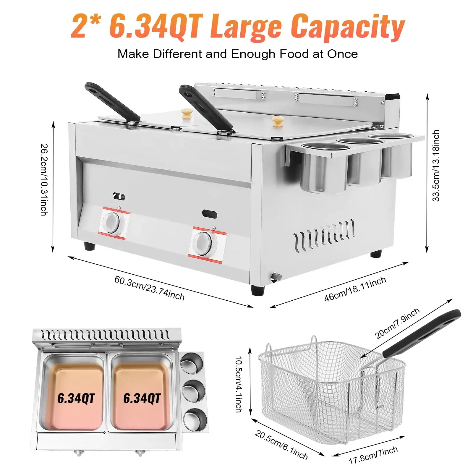 6 L × 2 Dual-Tank Commercial Gas Countertop Deep Fryer – Stainless Steel Fat Fryer for French Fries & Chicken Wings