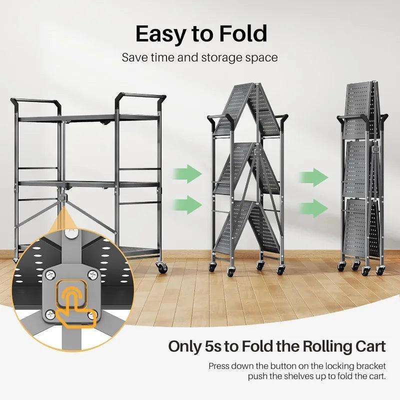 Rolling Utility Cart Folding Cart with Wheels - 3 Tier Collapsible Metal Cart - PulinGO