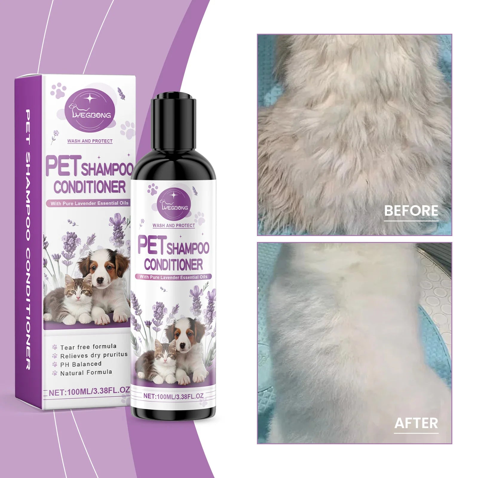 Yegbong Pet Lavender Shampoo – Gentle Cleansing for Cats & Dogs, Fluffy, Smooth & Fragrant Coat Care