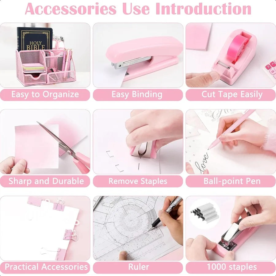 12-Piece Pink Office Desk Accessories Set – Tape Dispenser, Stapler & Organizer