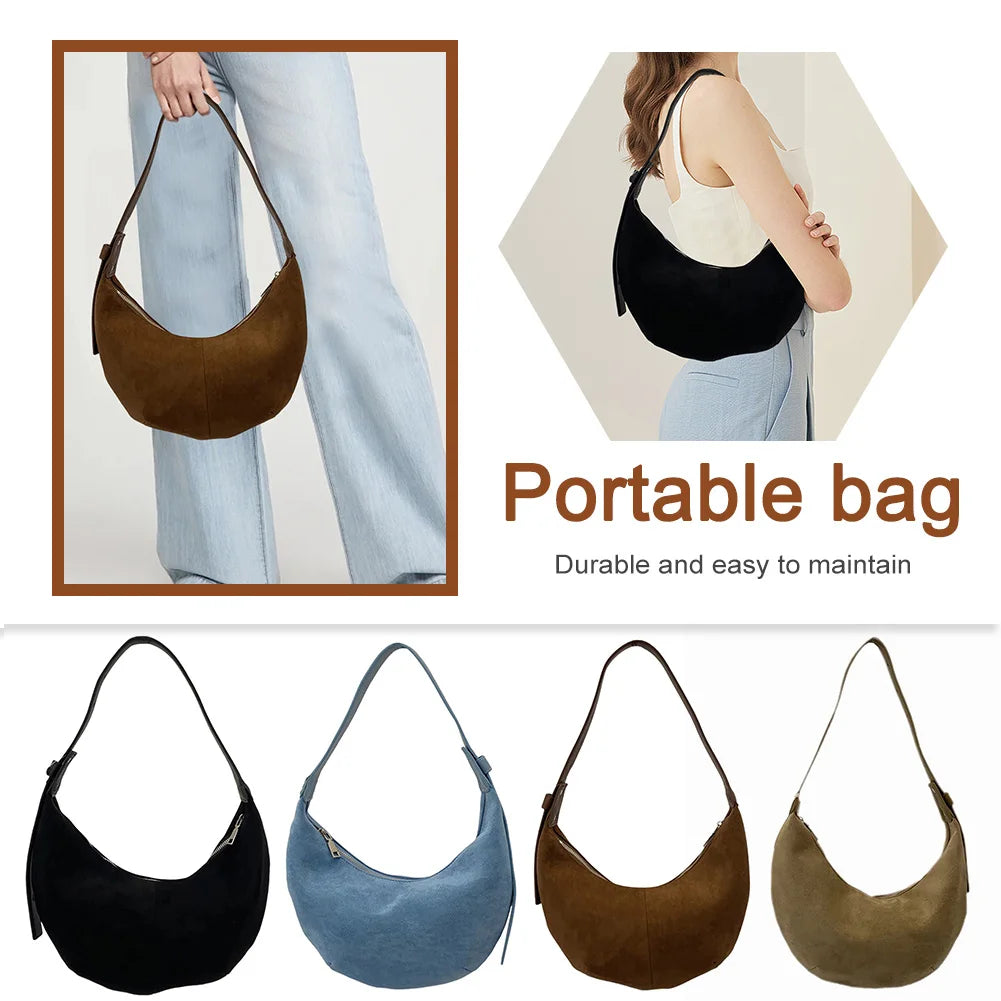 Women’s Suede Crescent Shoulder Bag – Retro Solid Color Handbag with Zipper Closure, Trendy Clutch for Work & Travel