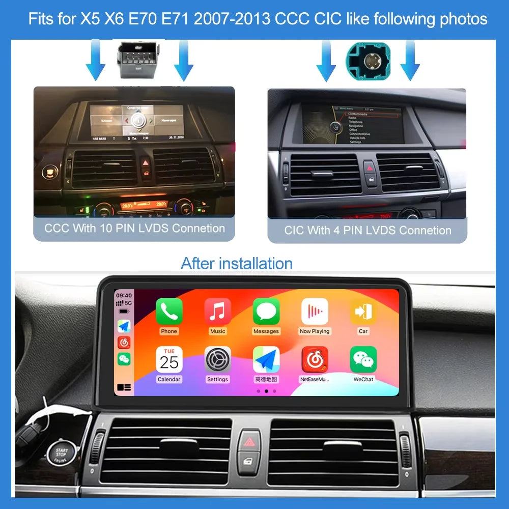 Autotop wireless CarPlay & Android Auto multimedia unit – BMW X5/X6 E70 E71 2007–2013 CCC/CIC system head unit with BT & display