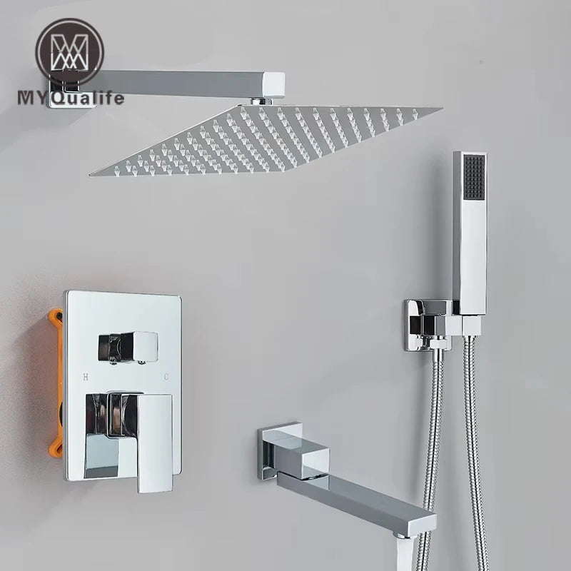 Chrome Shower Faucet Set – 2/3-Way Rainfall System with Brass Mixer & Diverter (8–16" Head, Wall-Mounted, Embedded Box Control)