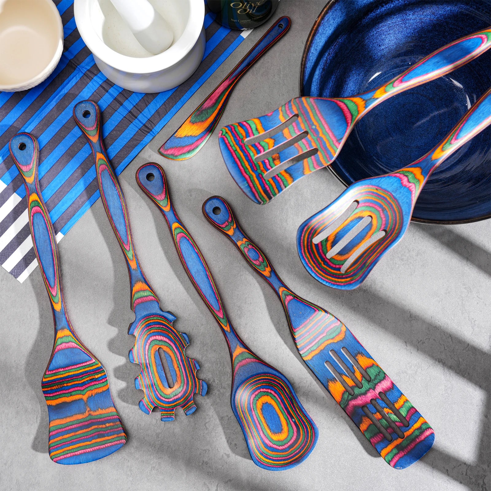 7-Piece Blue Pakkawood Cooking Utensils Set – Wooden Spoons & Spatulas for Cooking, Serving and Stirring