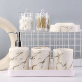 7-Piece White Marble Bathroom Accessory Wash Set – Soap Dispenser, Tray & Cotton Swab Box