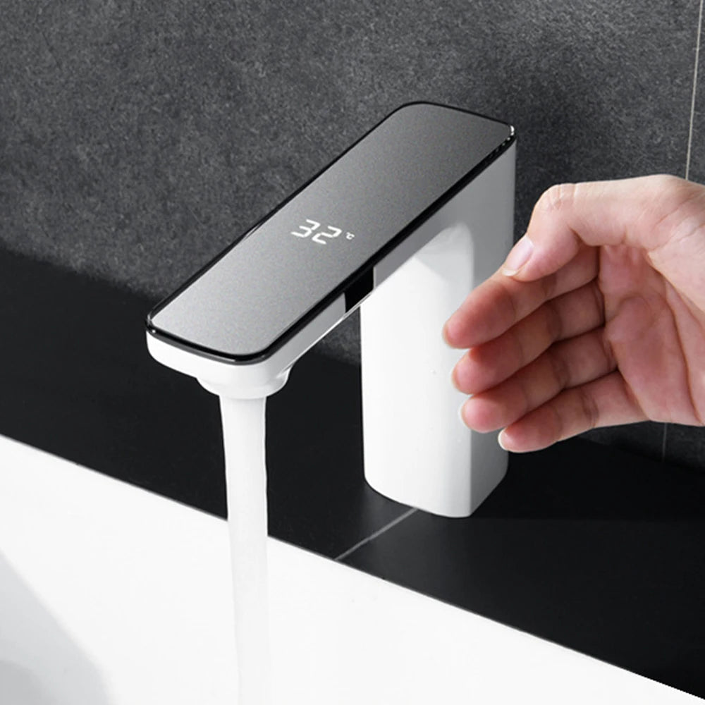 Premium Smart Touchless Dual-Sensor Bathroom Faucet with Hot/Cold Mixer – White Deck-Mount Basin Tap