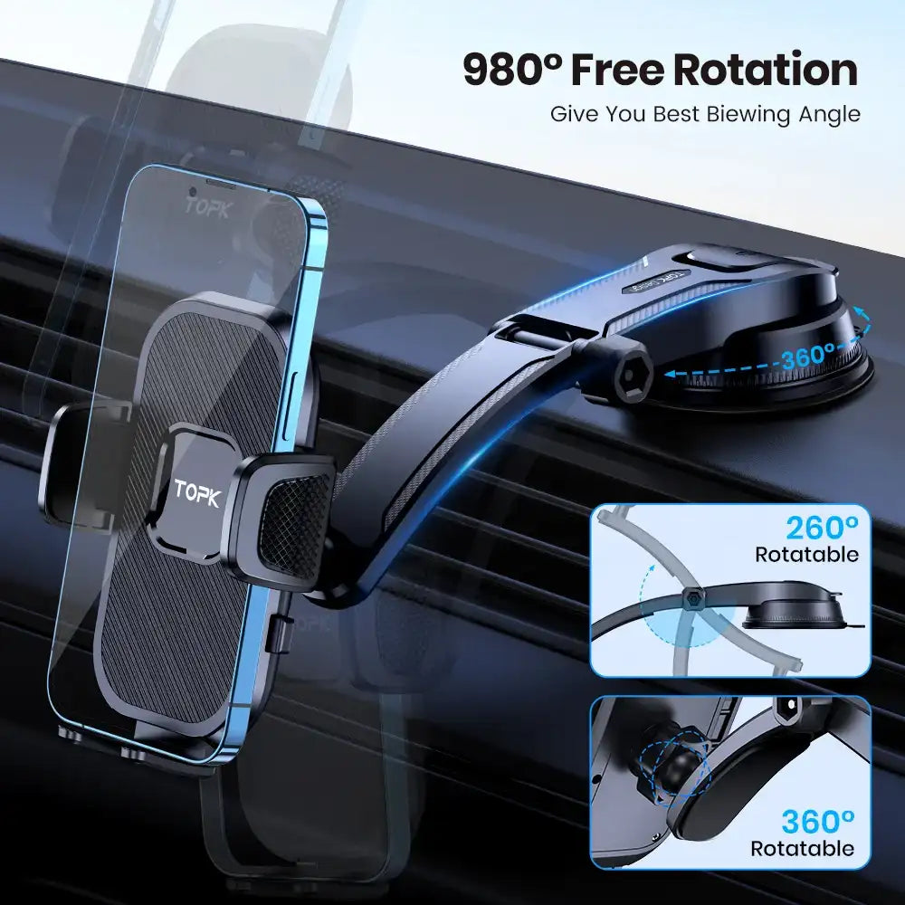 1- Product Title: Universal 360° Rotatable Car Phone Holder – Dashboard Mount for iPhone & Android
